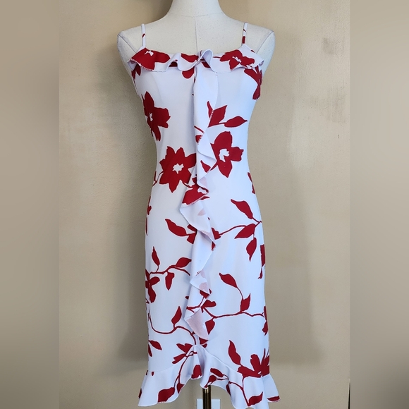 90's White/Red Floral Ruffle Dress, Women's S - Picture 6 of 9